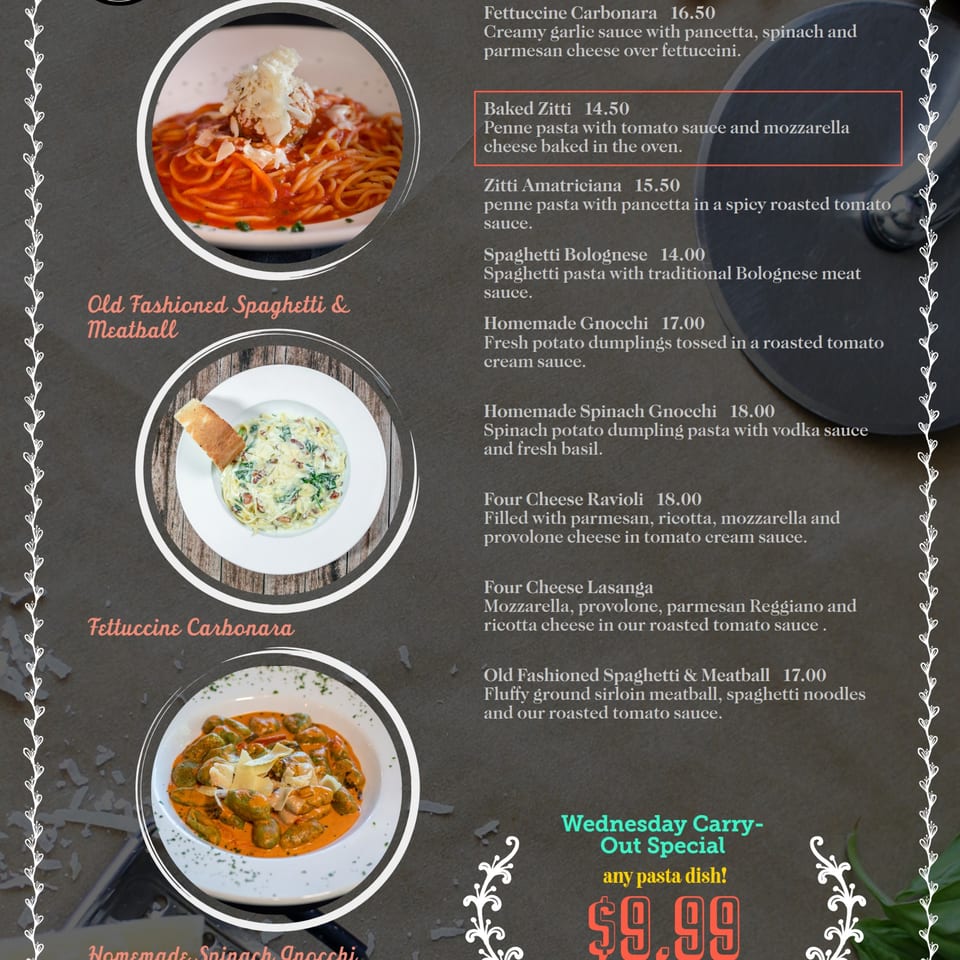 A menu showcasing three pasta dishes: spaghetti and meatballs, fettuccine carbonara, and spinach gnocchi.