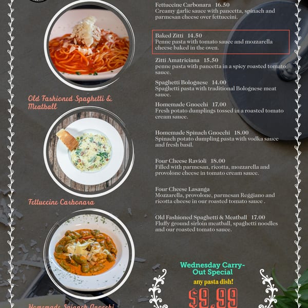 Three pasta dishes: spaghetti and meatball, fettuccine carbonara, and spinach gnocchi.