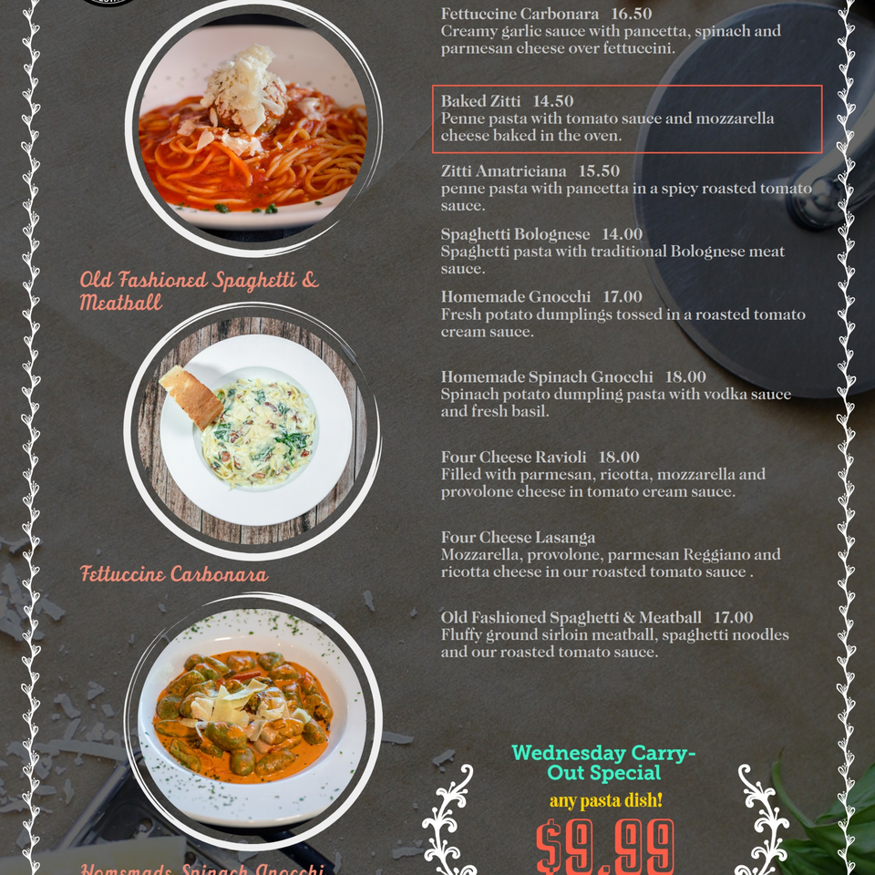 Three pasta dishes: spaghetti and meatball, fettuccine carbonara, and spinach gnocchi.