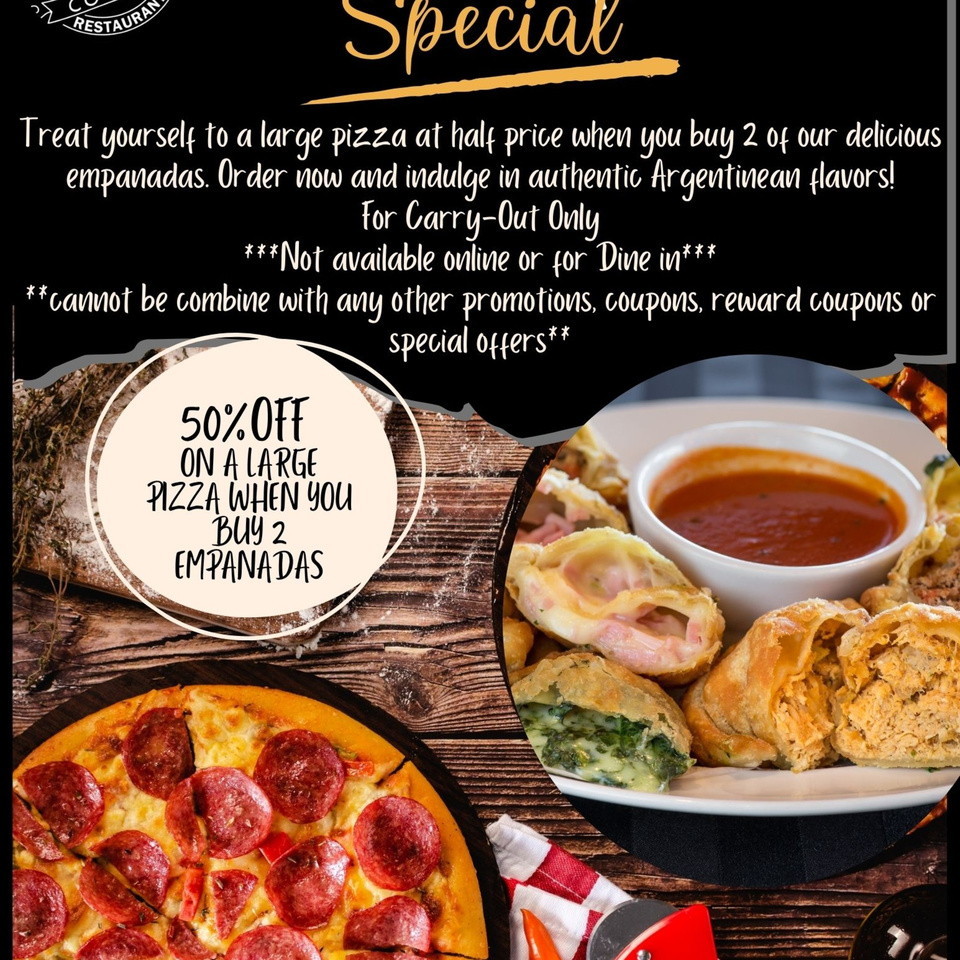 A pepperoni pizza and a plate of various empanadas with dipping sauce, advertising a special offer.